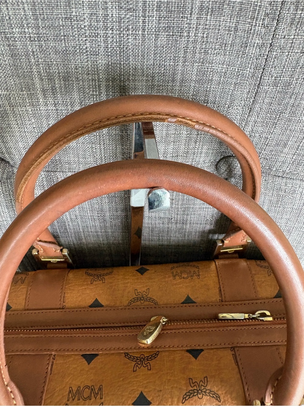 MCM Brown Visetos Logo Satchel with Gold Hardware - Picture 3 of 12